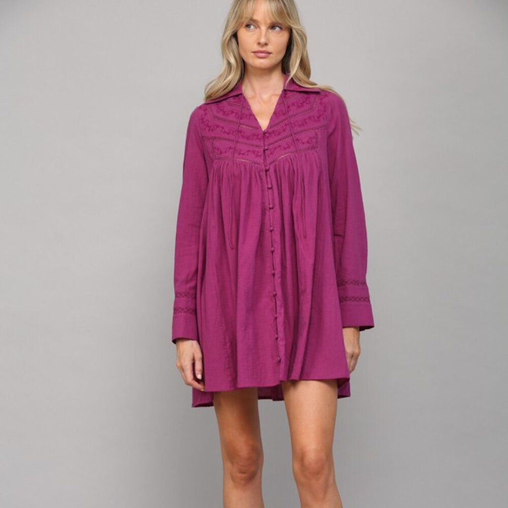 NWT - FATE Magenta Boho Embroidered Dress | Button Front Boutique Mini Small